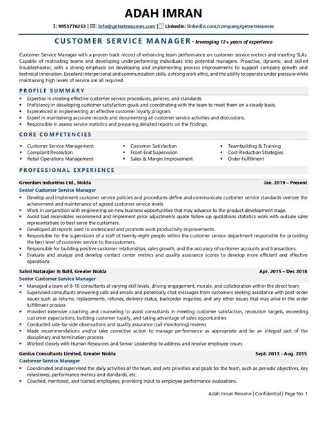 Winning Customer Service Manager Resume Samples .